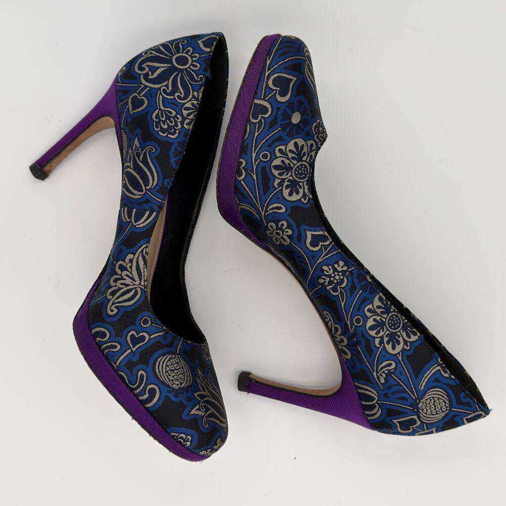 Via Spiga USA 9 EUR 39 Blue Purple Brocade 3.5" Round Toe Platform Pumps Heels